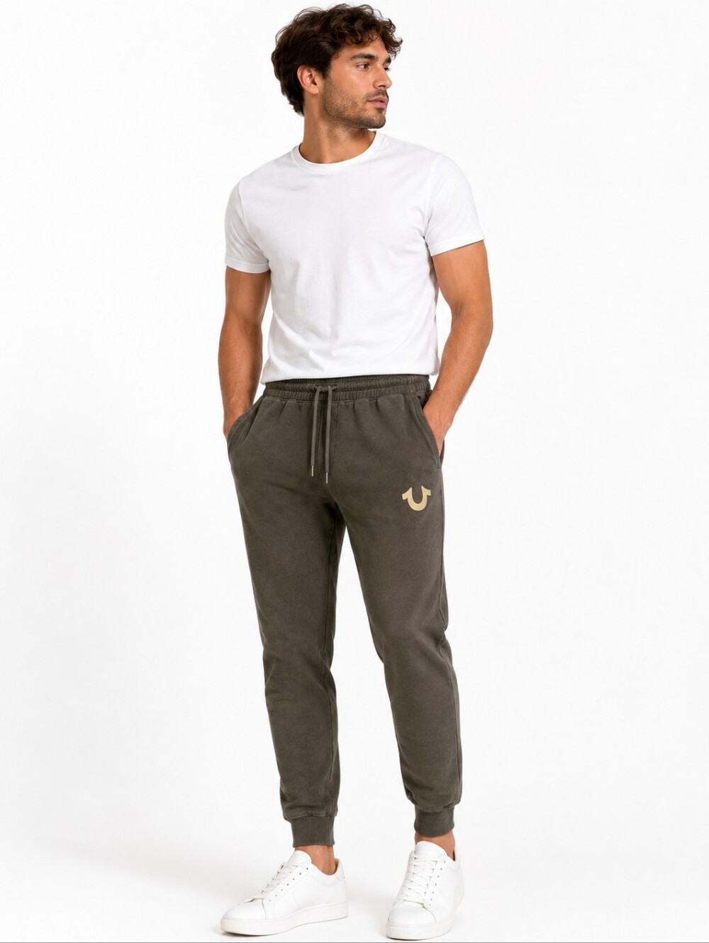True Religion Olive Green Jogger Sweatpants Men’s Large Logo Athleisure